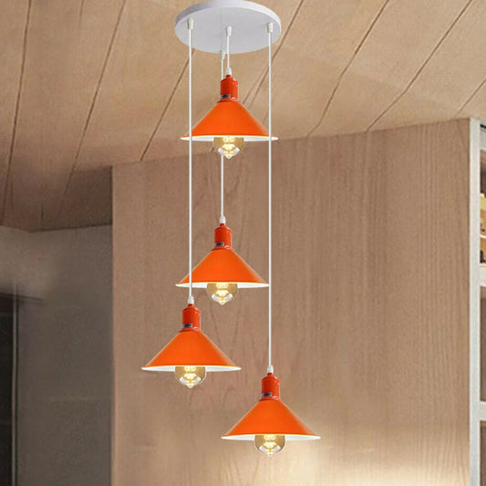 4 Light Cascade Pendant – Orange Cone Shades, 24 cm Round Plate, E27 - Orange, Without Bulb