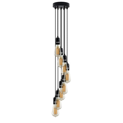 8-Light Cluster Pendant – 120 mm Rose, Adjustable Drops, E27 - Matt Black, No Shade, ST64 Bulb