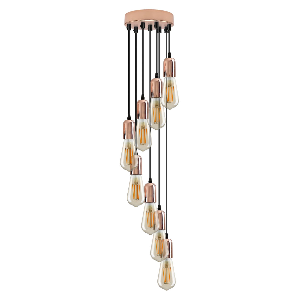 8-Light Cluster Pendant – 120 mm Rose, Adjustable Drops, E27 - Rose Gold, No Shade, ST64 Bulb