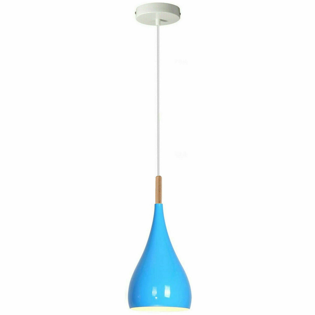 Teardrop Pendant Light – 16 cm Metal Shade, 11 Colours, E27 - White, Teardrop 16 cm Blue, Wooden Cord Grip, Without Bulb