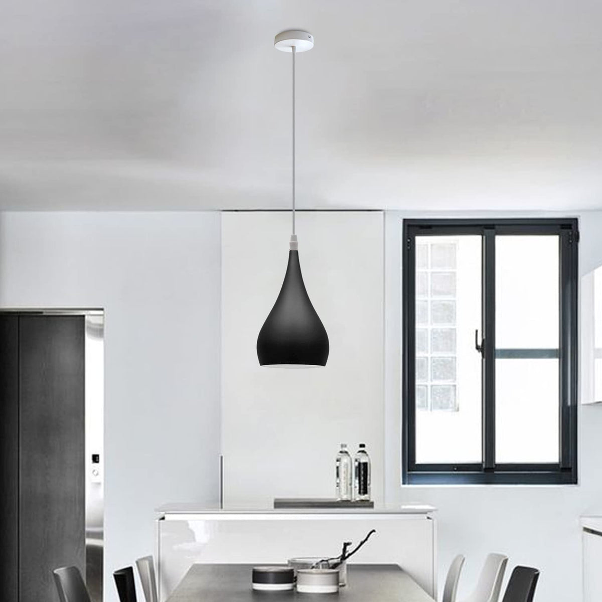 Teardrop Pendant Light – 16 cm Metal Shade, 11 Colours, E27 - White, Teardrop 16 cm Black, Without Bulb