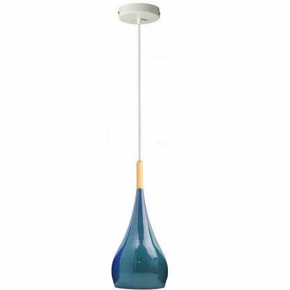 Teardrop Pendant Light – 16 cm Metal Shade, 11 Colours, E27 - White, Teardrop 16 cm Cyan Blue, Wooden Cord Grip, Without Bulb