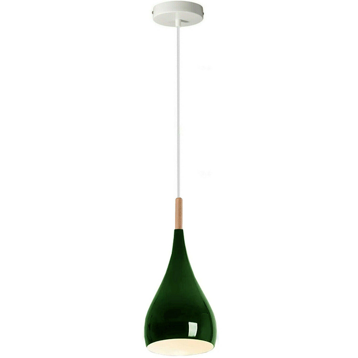 Teardrop Pendant Light – 16 cm Metal Shade, 11 Colours, E27 - White, Teardrop 16 cm Green, Wooden Cord Grip, Without Bulb
