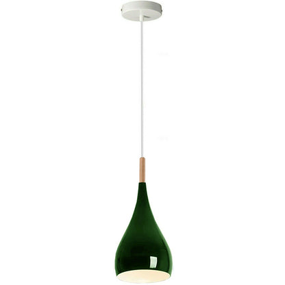 Teardrop Pendant Light – 16 cm Metal Shade, 11 Colours, E27 - White, Teardrop 16 cm Green, Wooden Cord Grip, Without Bulb