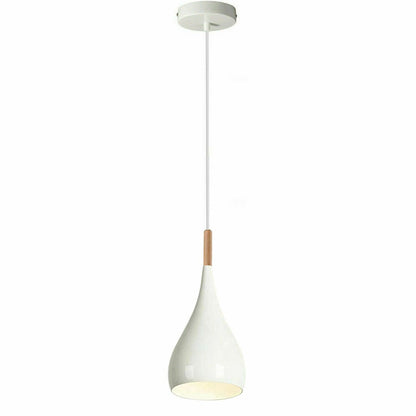 Teardrop Pendant Light – 16 cm Metal Shade, 11 Colours, E27 - White, Teardrop 16 cm White, Wooden Cord Grip, Without Bulb