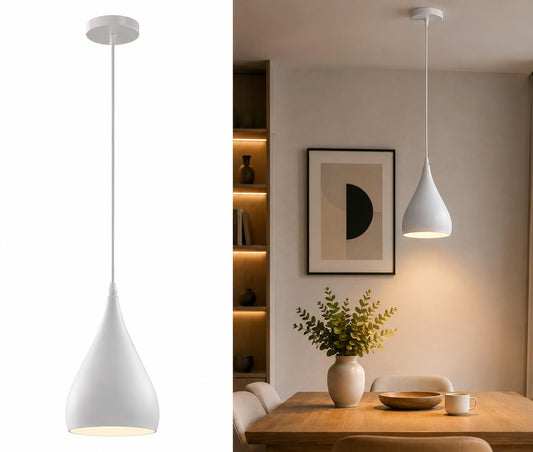 White Teardrop Pendant Light – 16 cm Shade, 95 cm Drop, E27 - White, Beat Long 16 cm White, Without Bulb
