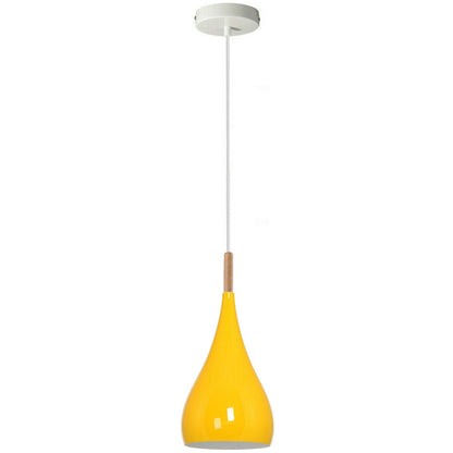 Teardrop Pendant Light – 16 cm Metal Shade, 11 Colours, E27 - White, Teardrop 16 cm Yellow, Wooden Cord Grip, Without Bulb