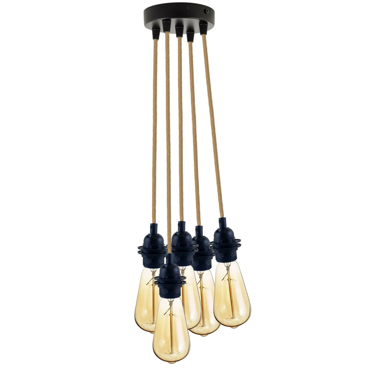 5-Light Hemp Rope Cluster Pendant – Black, E27 - Black, No Shade, ST64 Bulb