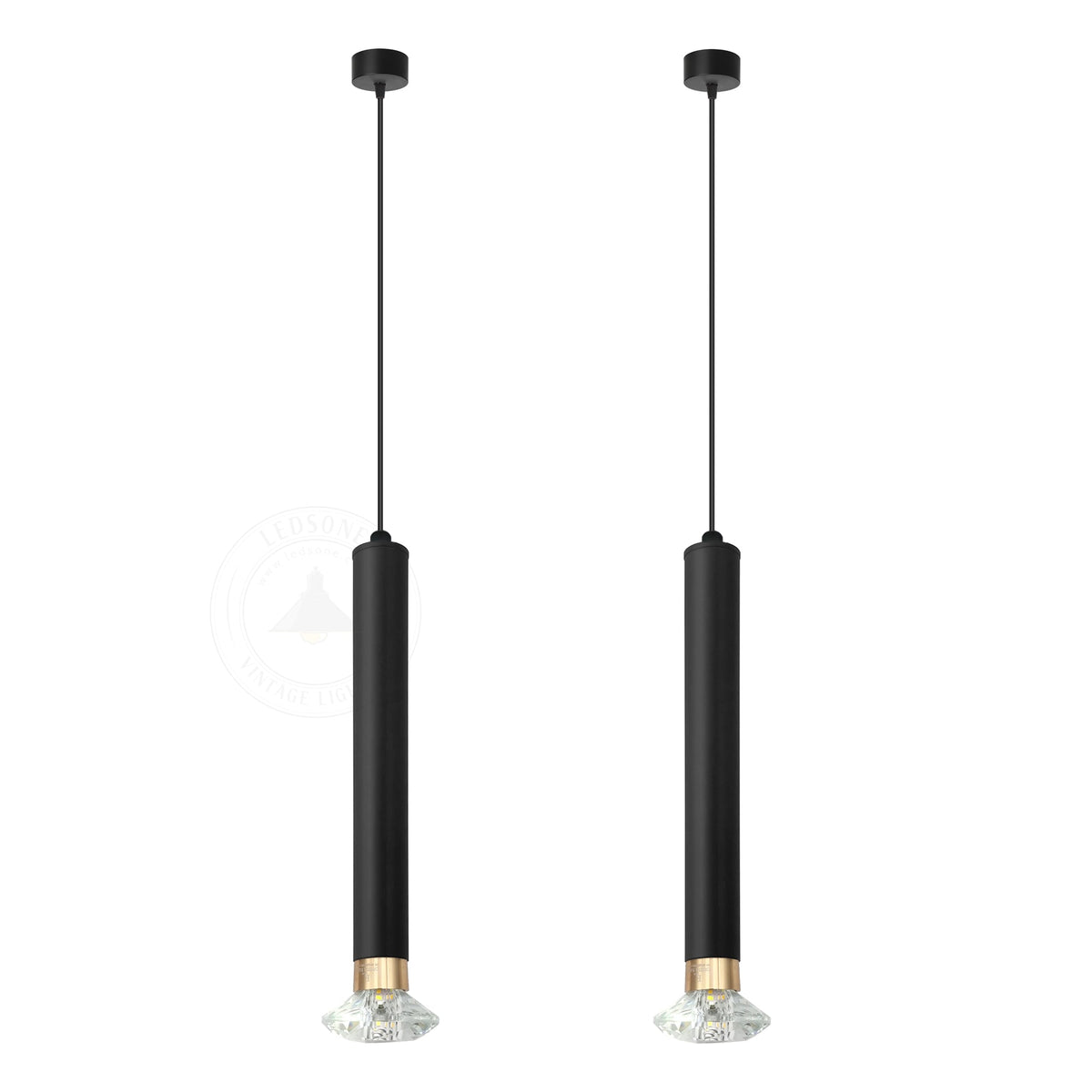 Slim Tube Pendant Light – Black, E14, Crystal LED Bulbs - Black, Pack of 2, Crystal LED Bulb 4W