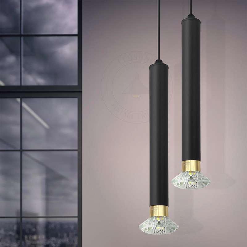 Slim Tube Pendant Light – Black, E14, Crystal LED Bulbs