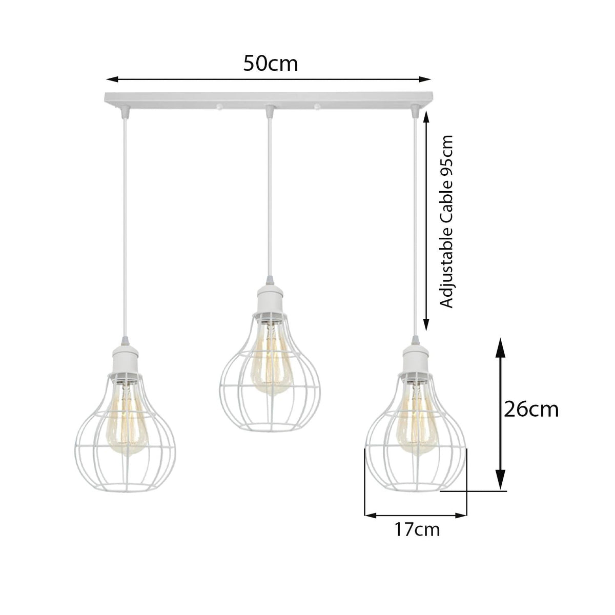 3 Light White Cluster Pendant – Wire Cage or Cone Shades, E27 - photo 6