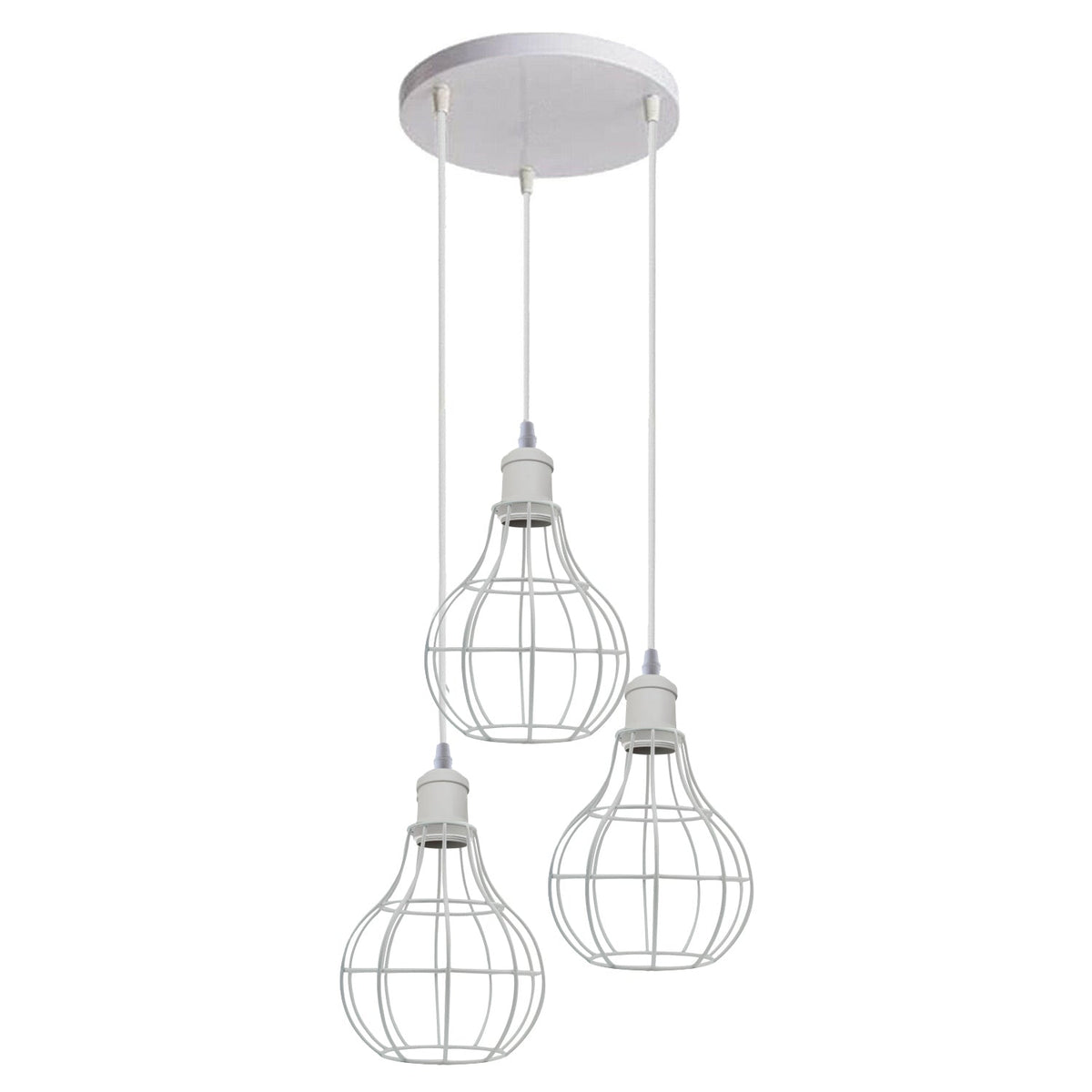 3 Light White Cluster Pendant – Wire Cage or Cone Shades, E27 - White, Balloon Cages, Round Plate, Without Bulb