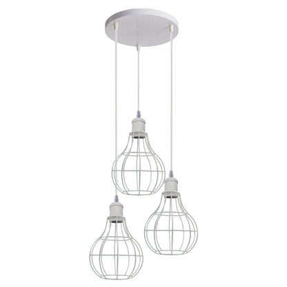 3 Light White Cluster Pendant – Wire Cage or Cone Shades, E27 - White, Balloon Cages, Round Plate, Without Bulb