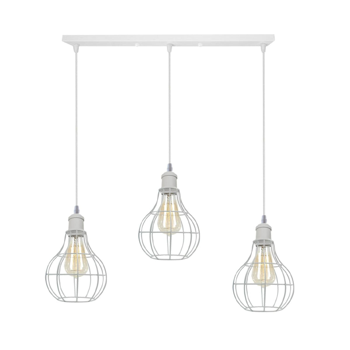 3 Light White Cluster Pendant – Wire Cage or Cone Shades, E27 - White, Balloon Cages, Straight Bar, Without Bulb