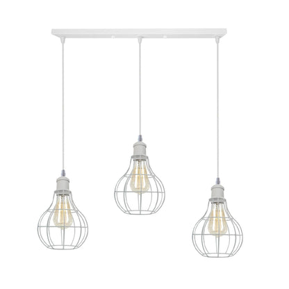 3 Light White Cluster Pendant – Wire Cage or Cone Shades, E27 - White, Balloon Cages, Straight Bar, Without Bulb