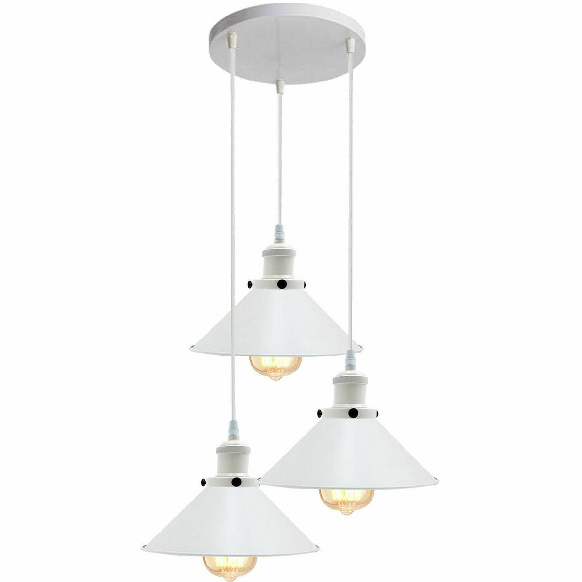 3 Light White Cluster Pendant – Wire Cage or Cone Shades, E27 - White, Flat Cones, Round Plate, Without Bulb