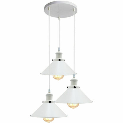 3 Light White Cluster Pendant – Wire Cage or Cone Shades, E27 - White, Flat Cones, Round Plate, Without Bulb