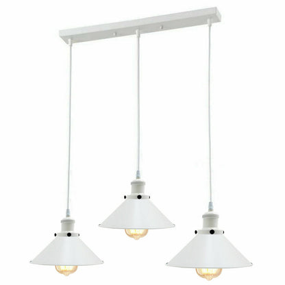 3 Light White Cluster Pendant – Wire Cage or Cone Shades, E27 - White, Flat Cones, Straight Bar, Without Bulb
