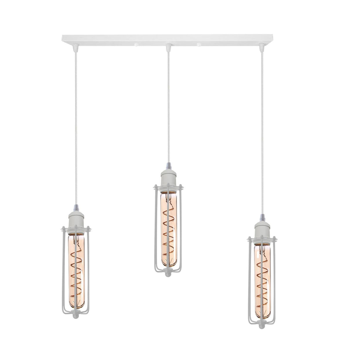 3 Light White Cluster Pendant – Wire Cage or Cone Shades, E27 - White, Long Cages, Straight Bar, ST185 LED Bulb 4W