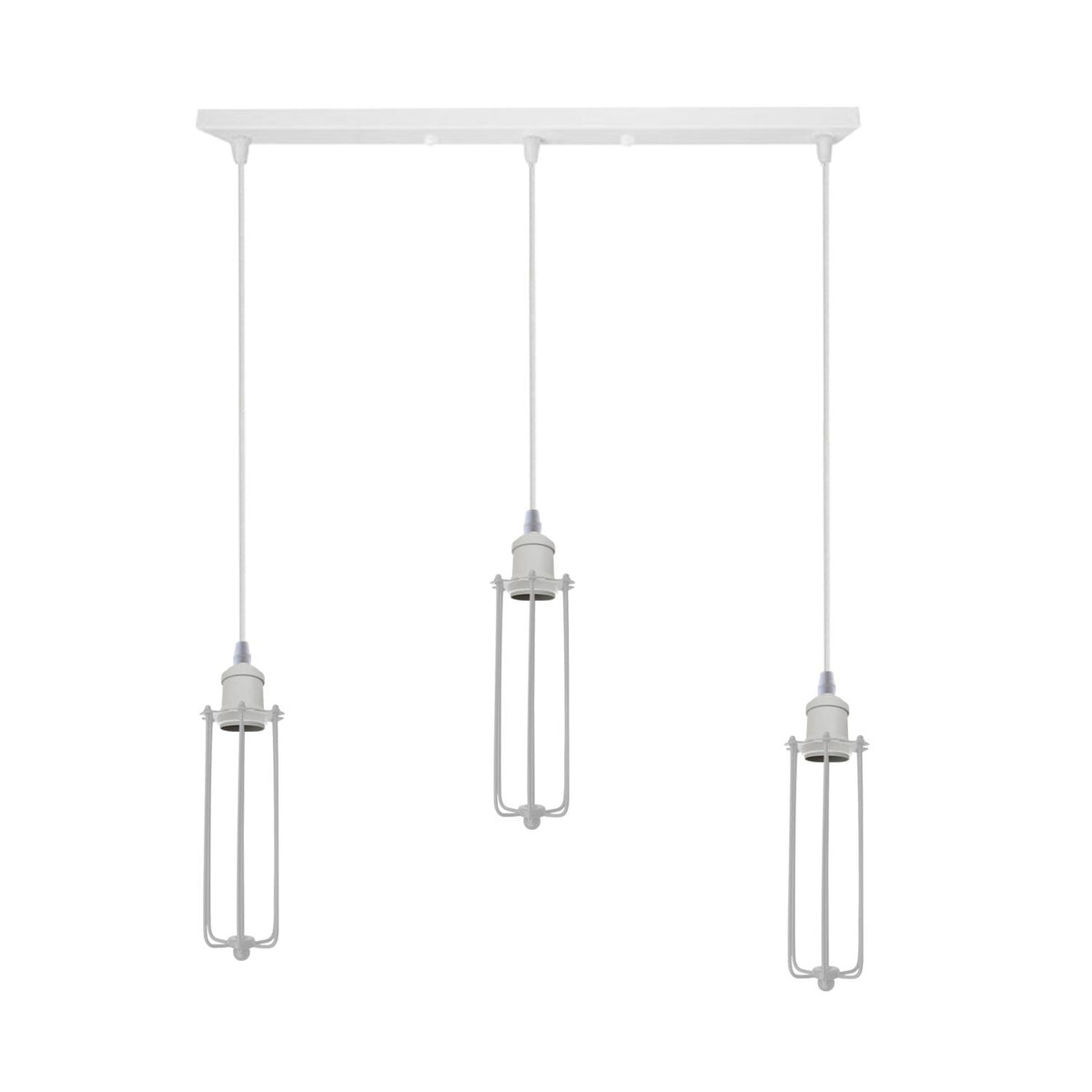 3 Light White Cluster Pendant – Wire Cage or Cone Shades, E27 - White, Long Cages, Straight Bar, Without Bulb