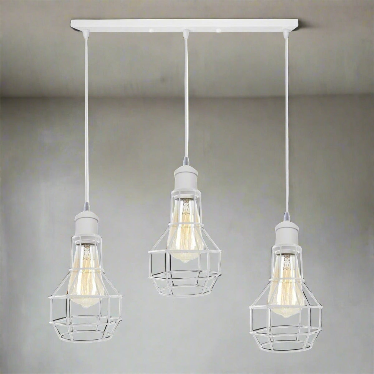 3 Light White Cluster Pendant – Wire Cage or Cone Shades, E27 - White, Nest Cages, Straight Bar, Without Bulb