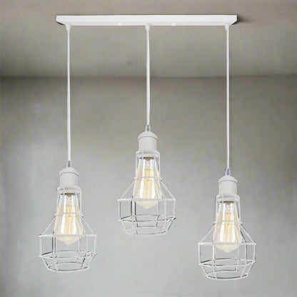 3 Light White Cluster Pendant – Wire Cage or Cone Shades, E27 - White, Nest Cages, Straight Bar, Without Bulb