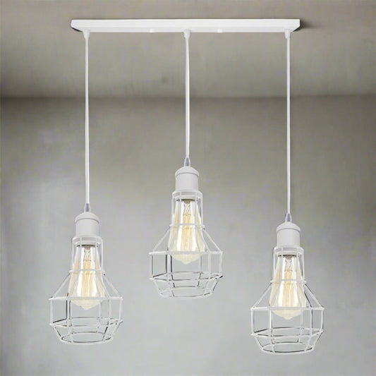 3 Light White Cluster Pendant – Wire Cage or Cone Shades, E27 - White, Nest Cages, Straight Bar, Without Bulb