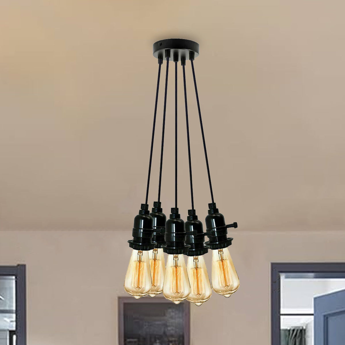 5 Light Cluster Pendant – Black Switch Holders, 12 cm Rose, E27 - photo 3