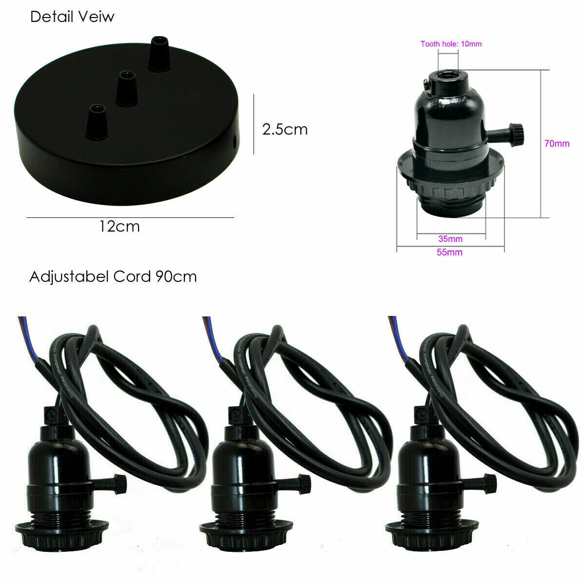 2-Light Cluster Pendant – Black Switched E27 Holders - photo 2