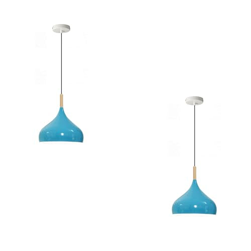 Wide Dome Pendant Light – 31.5 cm Metal Shade, 7 Colours, E27 - White, Wide Dome 31.5 cm Blue, Wooden Cord Grip, Pack of 2, Without Bulb