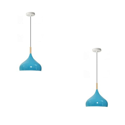 Wide Dome Pendant Light – 31.5 cm Metal Shade, 7 Colours, E27 - White, Wide Dome 31.5 cm Blue, Wooden Cord Grip, Pack of 2, Without Bulb
