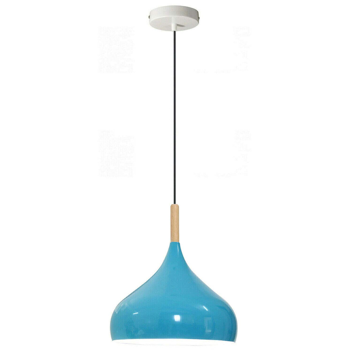 Wide Dome Pendant Light – 31.5 cm Metal Shade, 7 Colours, E27 - White, Wide Dome 31.5 cm Blue, Wooden Cord Grip, Without Bulb
