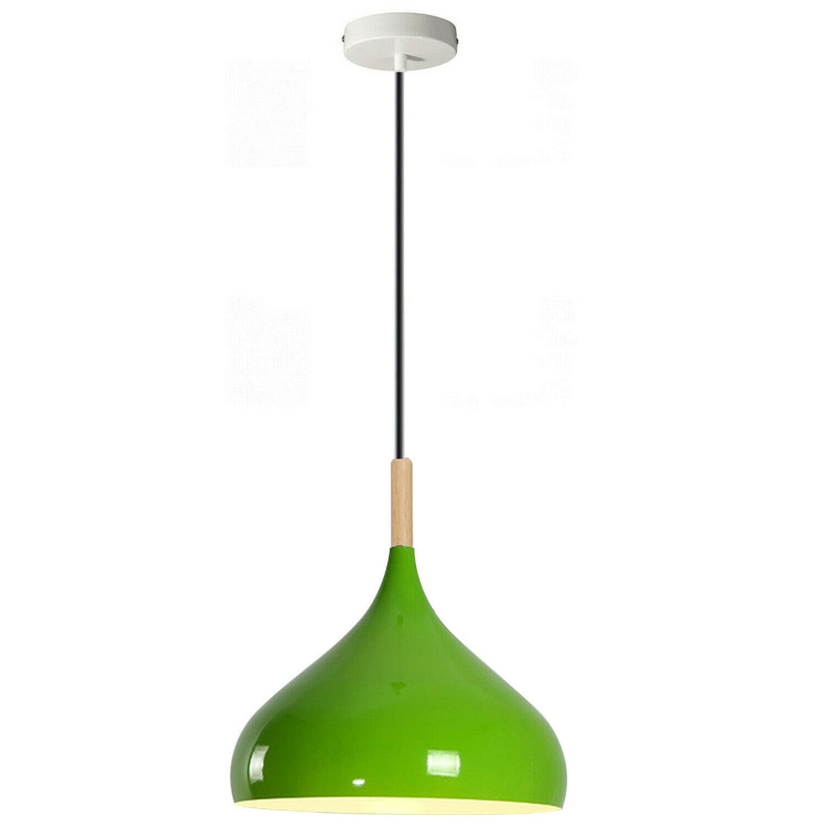 Wide Dome Pendant Light – 31.5 cm Metal Shade, 7 Colours, E27 - White, Wide Dome 31.5 cm Green, Wooden Cord Grip, Without Bulb