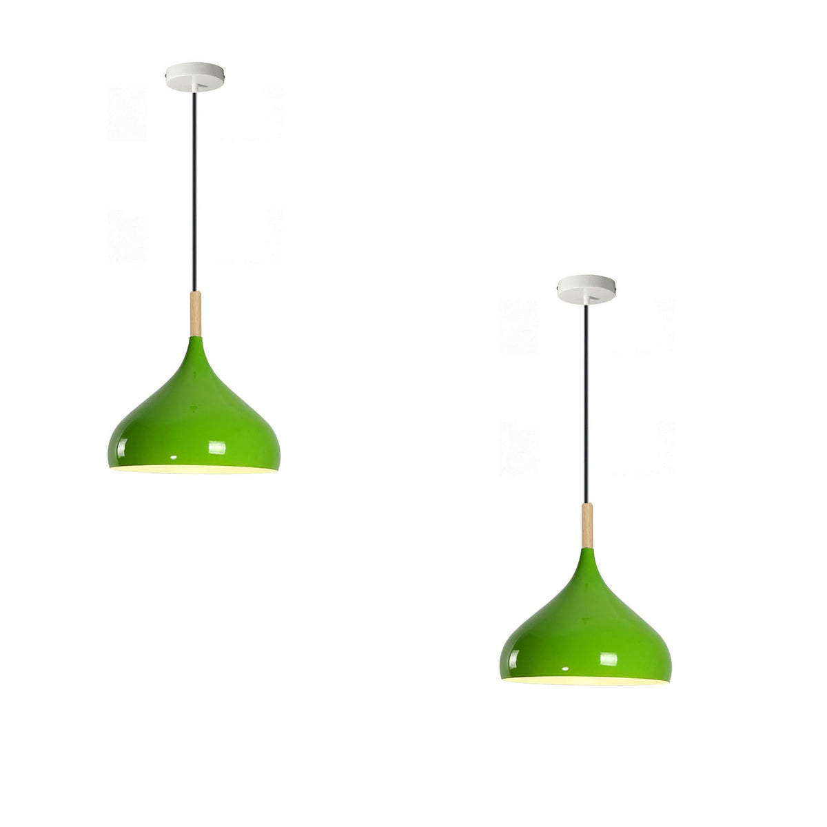 Wide Dome Pendant Light – 31.5 cm Metal Shade, 7 Colours, E27 - White, Wide Dome 31.5 cm Green, Wooden Cord Grip, Pack of 2, Without Bulb