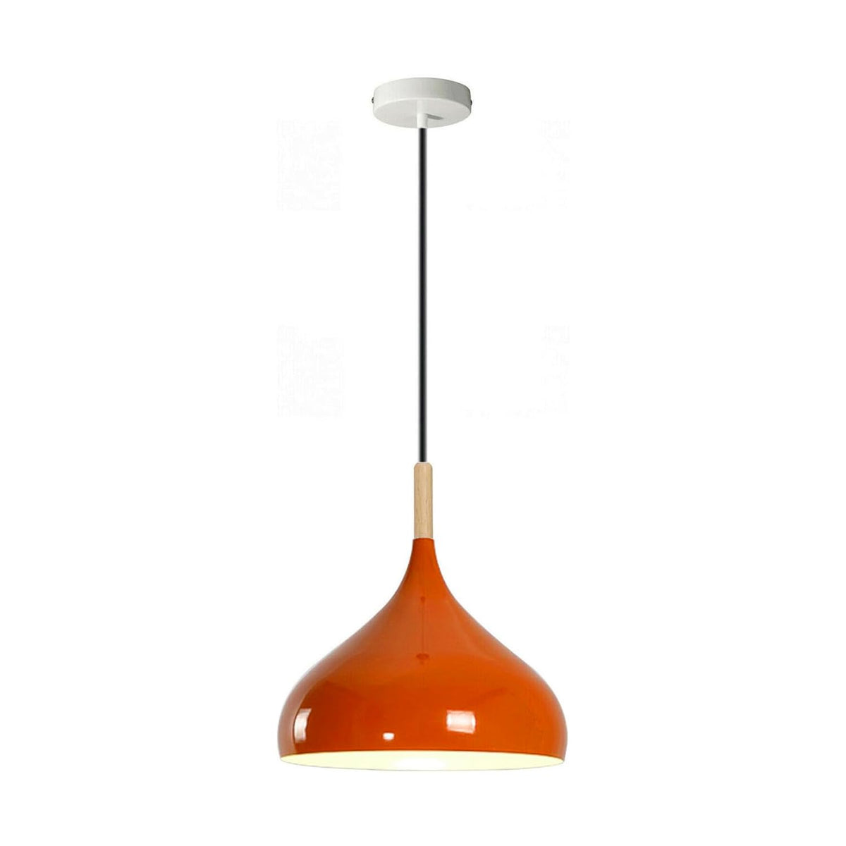 Wide Dome Pendant Light – 31.5 cm Metal Shade, 7 Colours, E27 - White, Wide Dome 31.5 cm Orange, Wooden Cord Grip, Without Bulb