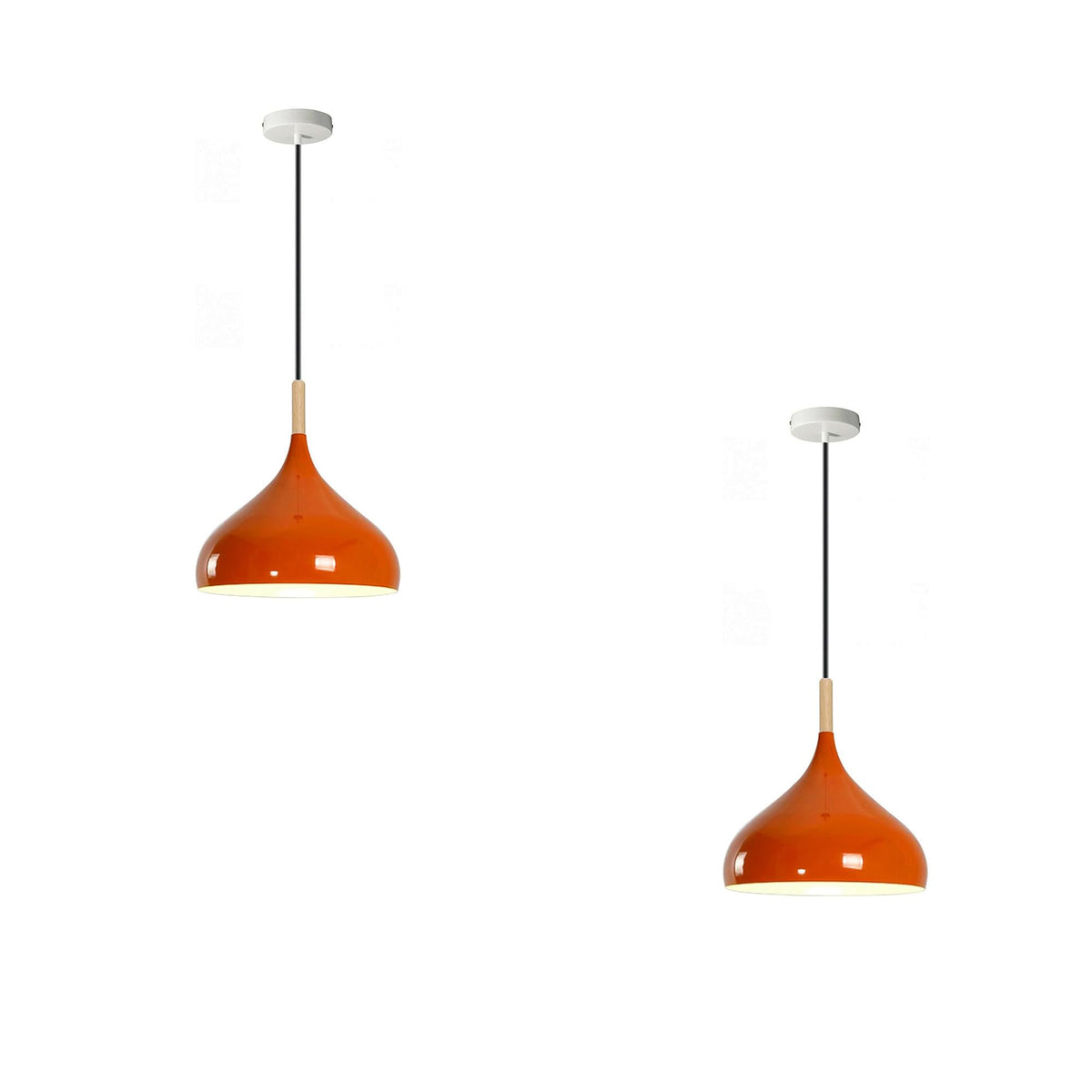 Wide Dome Pendant Light – 31.5 cm Metal Shade, 7 Colours, E27 - White, Wide Dome 31.5 cm Orange, Wooden Cord Grip, Pack of 2, Without Bulb