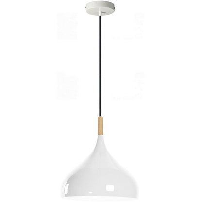 Wide Dome Pendant Light – 31.5 cm Metal Shade, 7 Colours, E27 - White, Wide Dome 31.5 cm White, Wooden Cord Grip, Without Bulb