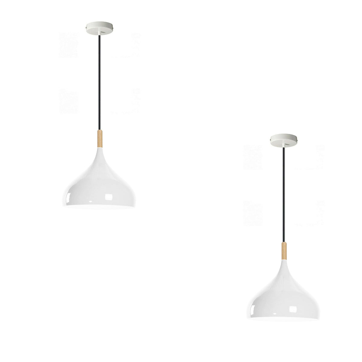 Wide Dome Pendant Light – 31.5 cm Metal Shade, 7 Colours, E27 - White, Wide Dome 31.5 cm White, Wooden Cord Grip, Pack of 2, Without Bulb