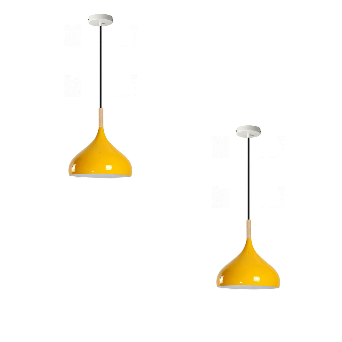 Wide Dome Pendant Light – 31.5 cm Metal Shade, 7 Colours, E27 - White, Wide Dome 31.5 cm Yellow, Wooden Cord Grip, Pack of 2, Without Bulb