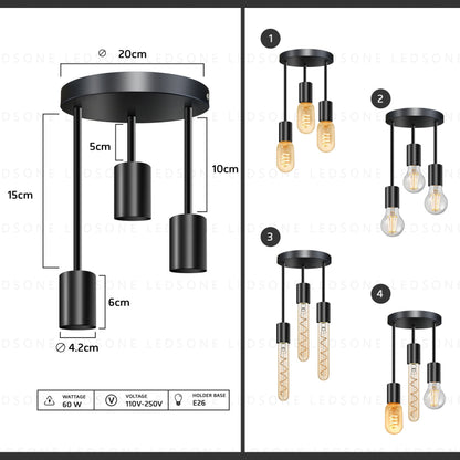 3-Light Semi-Flush Ceiling Light – Black, Staggered E27 Holders