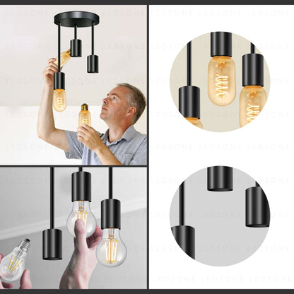 3-Light Semi-Flush Ceiling Light – Black, Staggered E27 Holders - photo 2