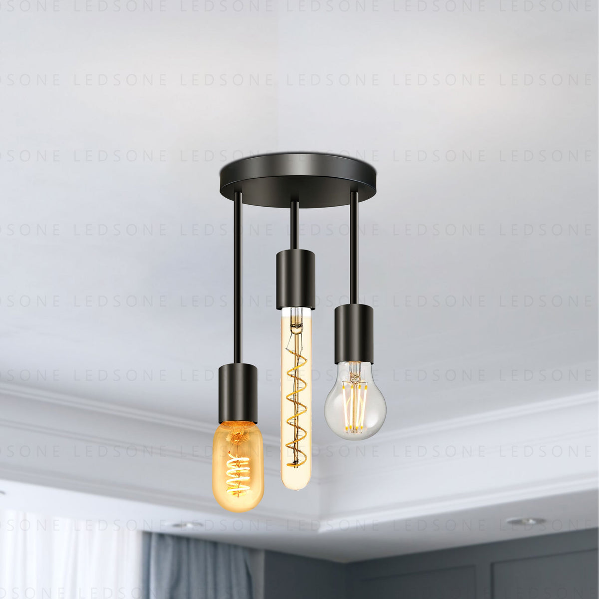 3-Light Semi-Flush Ceiling Light – Black, Staggered E27 Holders - photo 3