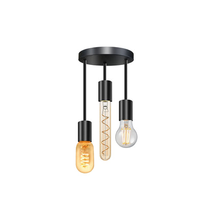 3-Light Semi-Flush Ceiling Light – Black, Staggered E27 Holders - Black, No Shade, With A60, ST45 & ST185 LED Bulbs