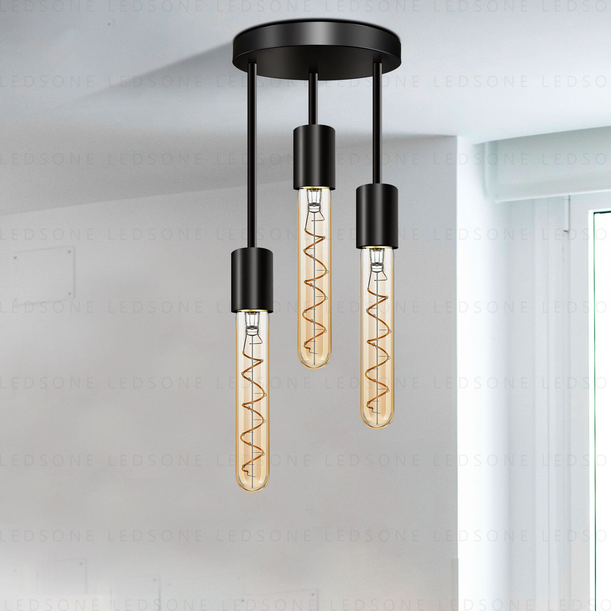 3-Light Semi-Flush Ceiling Light – Black, Staggered E27 Holders - Black, No Shade, With 3 ST185 LED Bulbs 4W