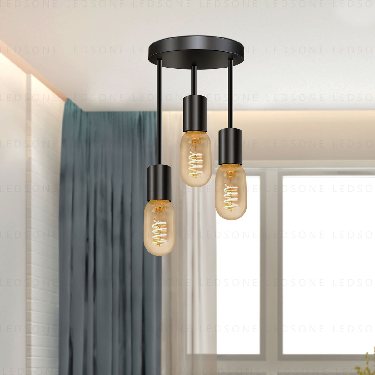 3-Light Semi-Flush Ceiling Light – Black, Staggered E27 Holders - Black, No Shade, With 3 ST45 LED Bulbs 4W