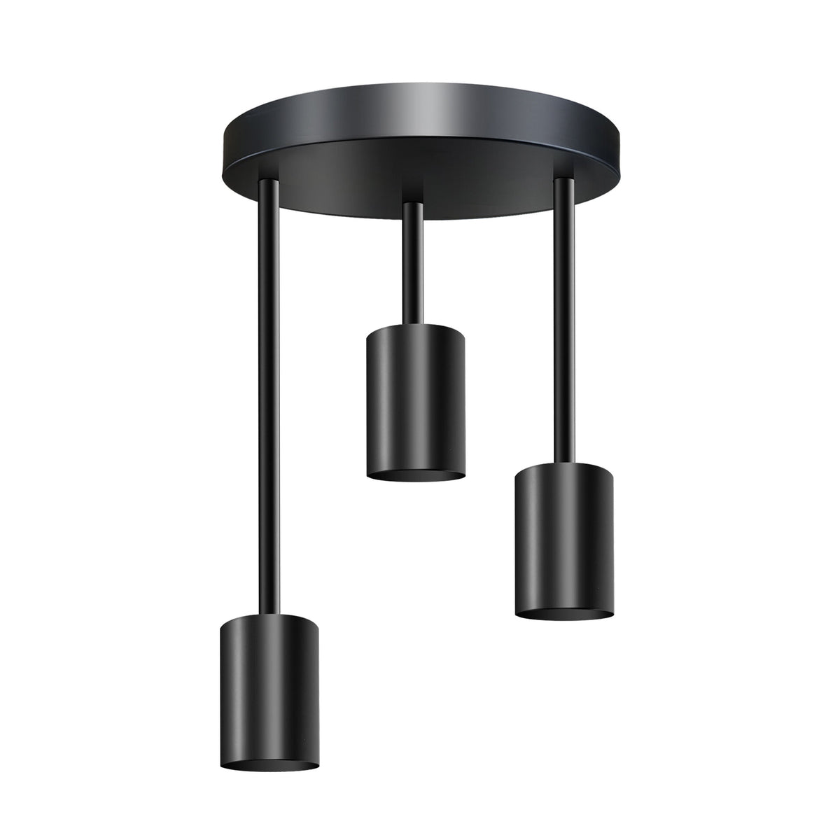 3-Light Semi-Flush Ceiling Light – Black, Staggered E27 Holders - Black, No Shade, Without Bulb