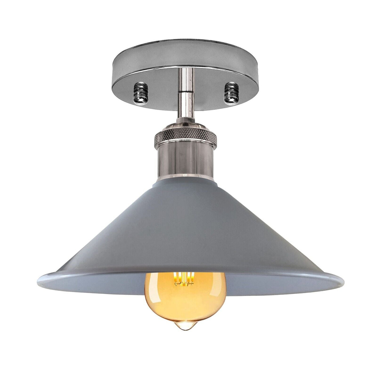 Semi-Flush Ceiling Light – E27, Flat Cone, Dome or Barn Shade - Chrome, Flat Cone 22 cm Grey, Without Bulb