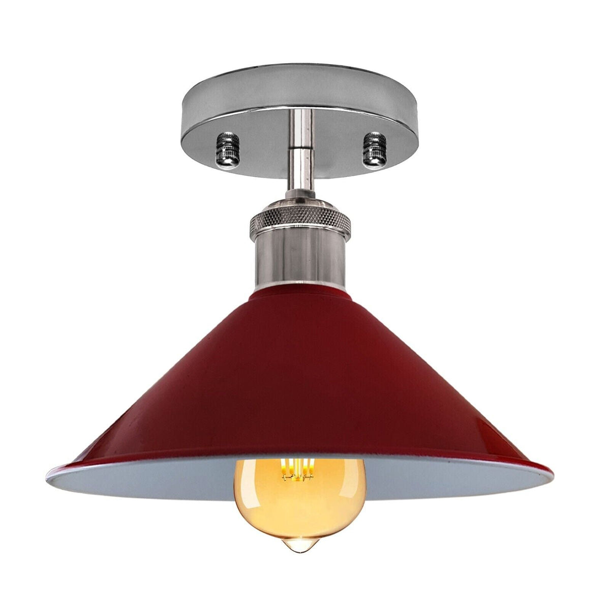 Semi-Flush Ceiling Light – E27, Flat Cone, Dome or Barn Shade - Chrome, Flat Cone 22 cm Red, Without Bulb