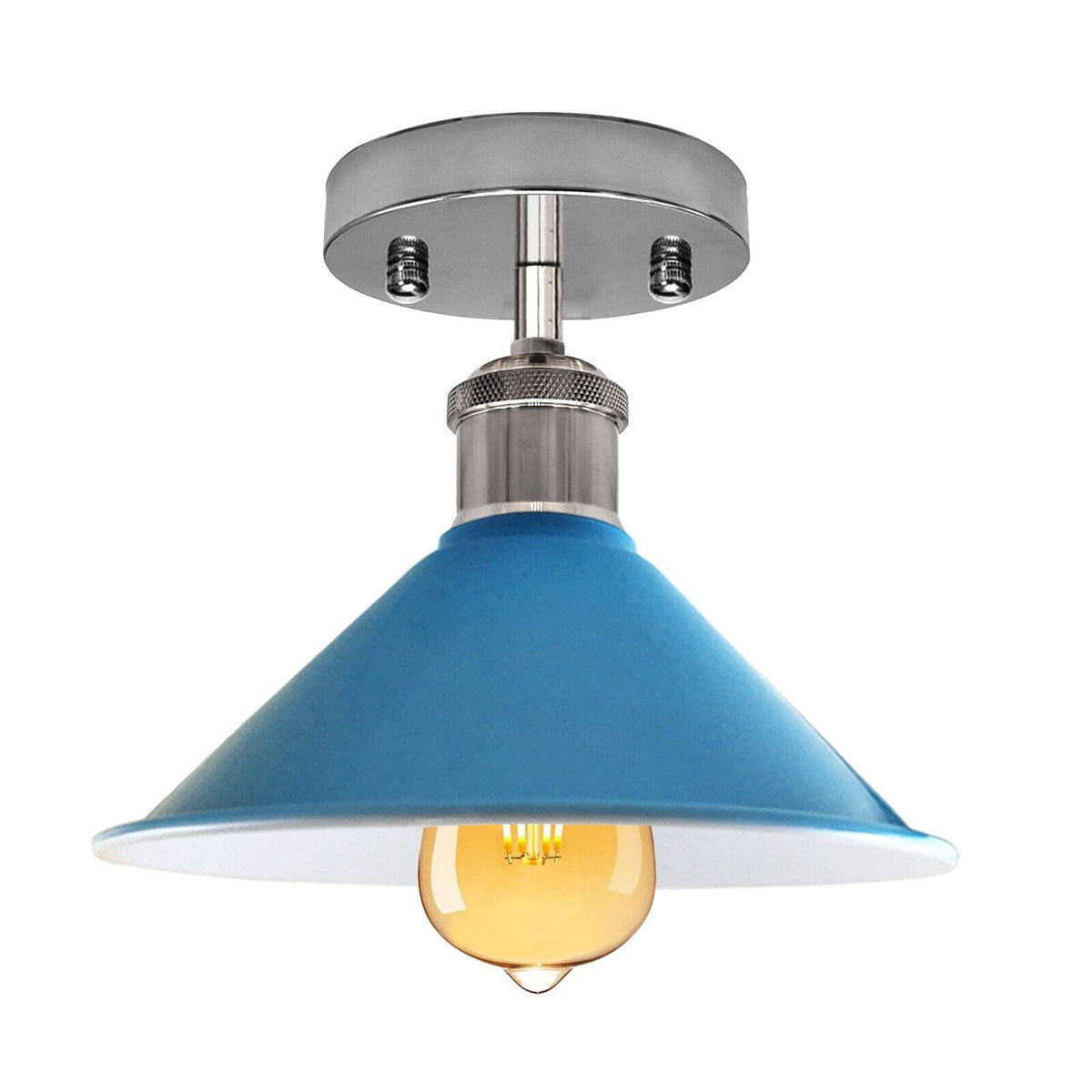 Semi-Flush Ceiling Light – E27, Flat Cone, Dome or Barn Shade - Chrome, Flat Cone 22 cm Blue, Without Bulb