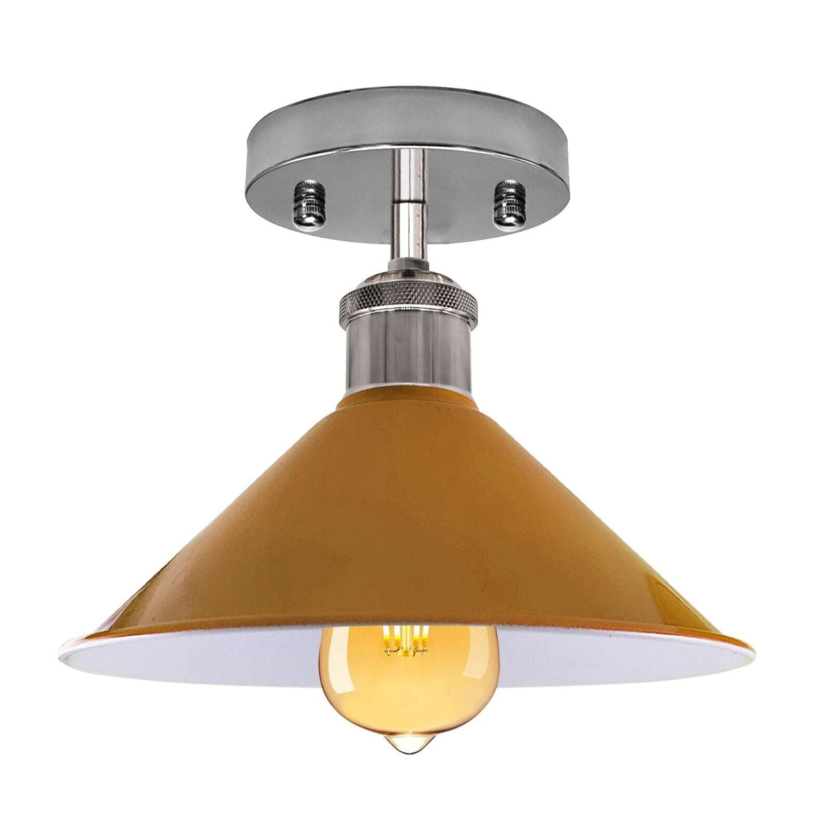 Semi-Flush Ceiling Light – E27, Flat Cone, Dome or Barn Shade - Chrome, Flat Cone 22 cm Yellow, Without Bulb